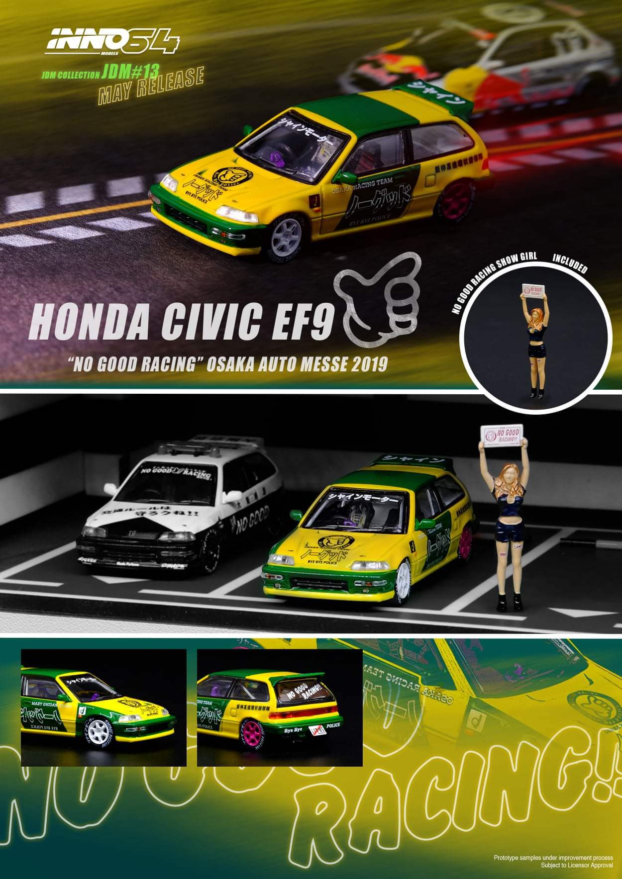 INNO64 Honda Civic EF9 No Good racing Osaka Auto Messe 2019 with show girl scale 1:64