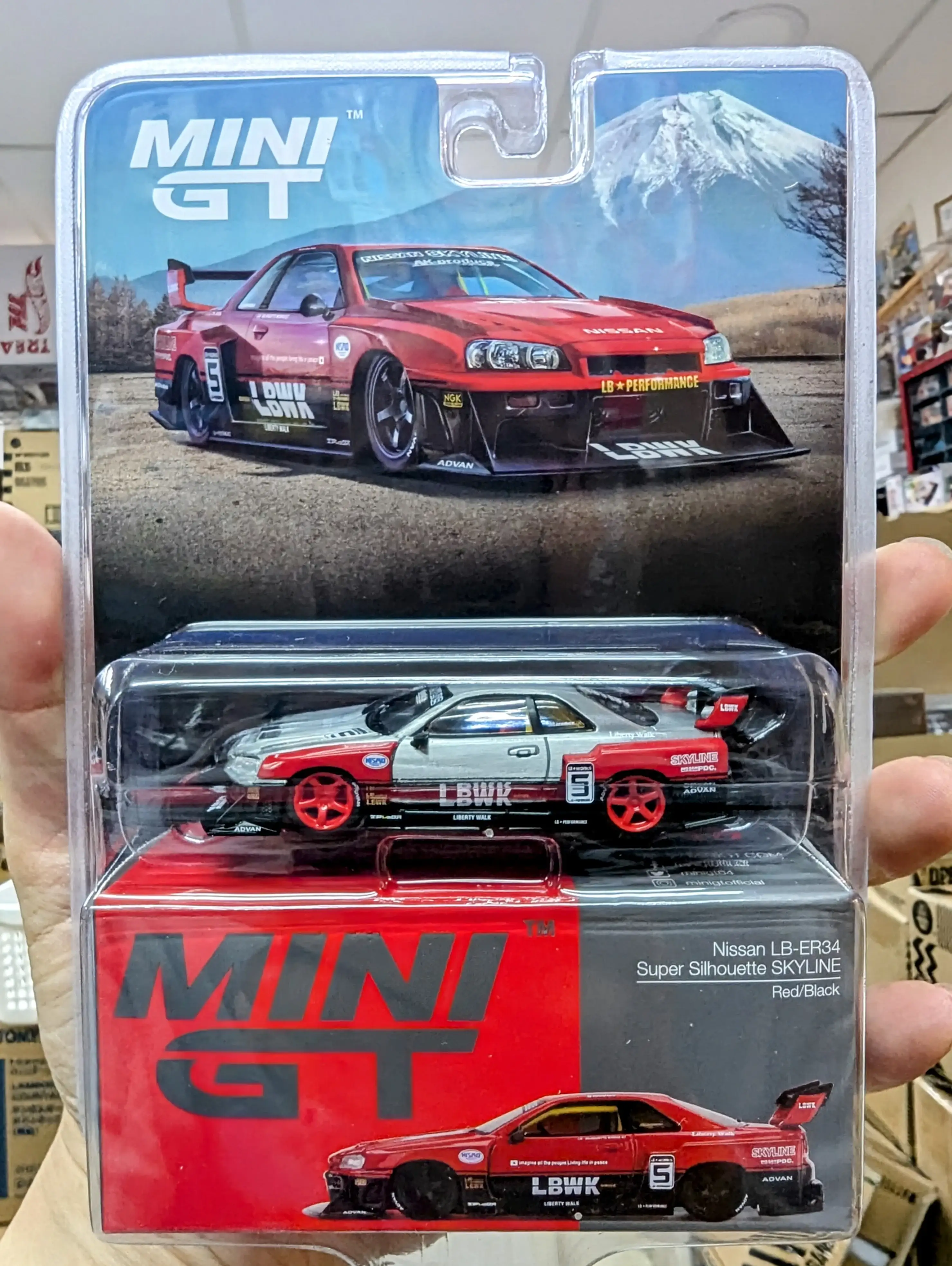 MINI GT x Mijo #843 Nissan LB-ER34 Super Silhouette SKYLINE Red/Black Blister Packing - Image 2