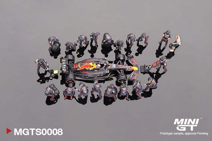 MINI GT MGTS0008 Oracle Red Bull Racing RB18 #11 Sergio Pérez 2022 Abu Dhabi GP Pit Crew Set - Limited Edition 5000 Sets