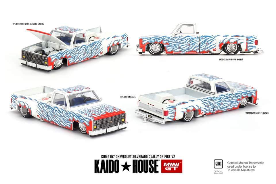Mini GT x Kaido House #157 Chevrolet Silverado Dually on Fire V2 KHMG157