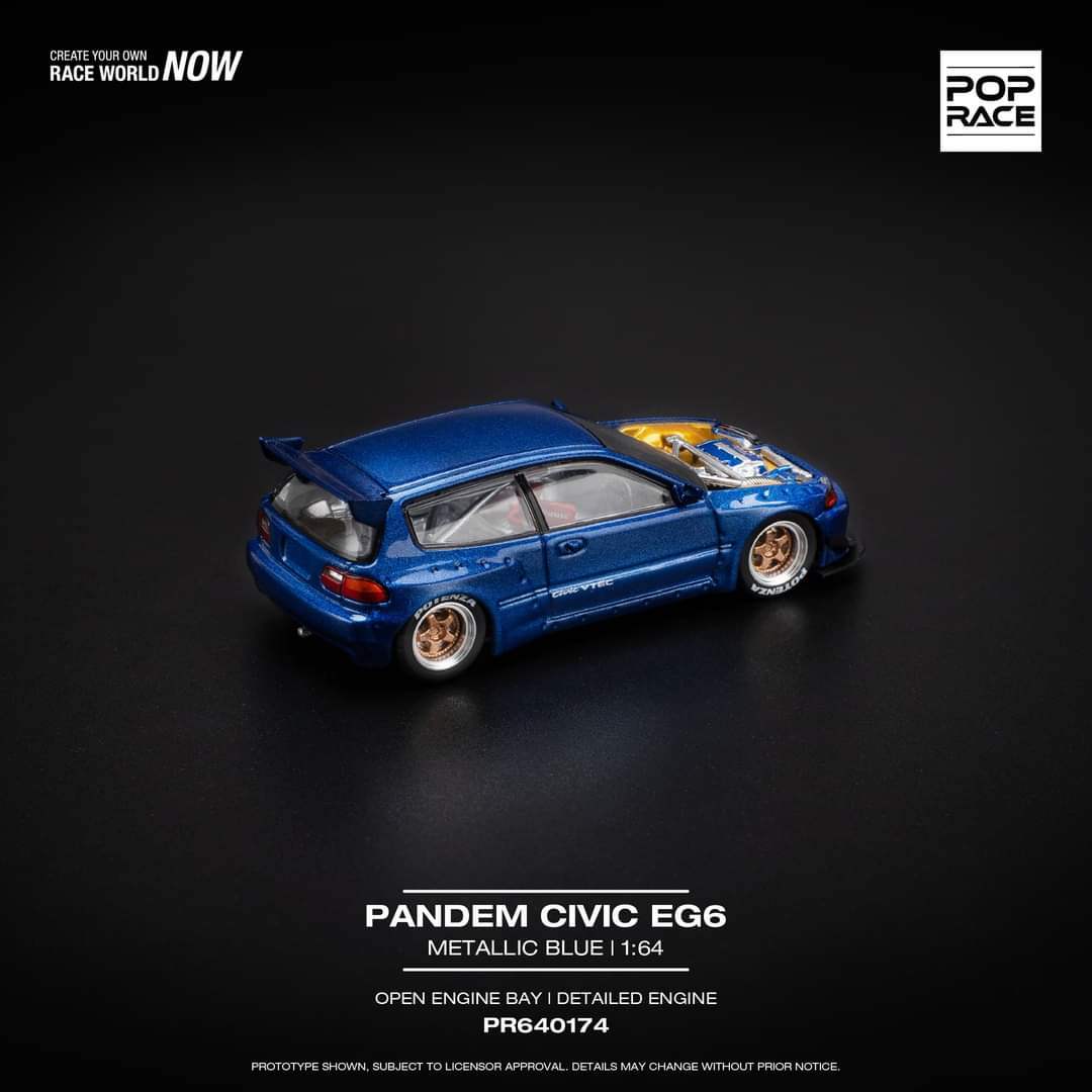 Pop Race 1/64 HONDA PANDEM CIVIC EG6 v1.5 METALLIC BLUE WITH OPEN HOOD