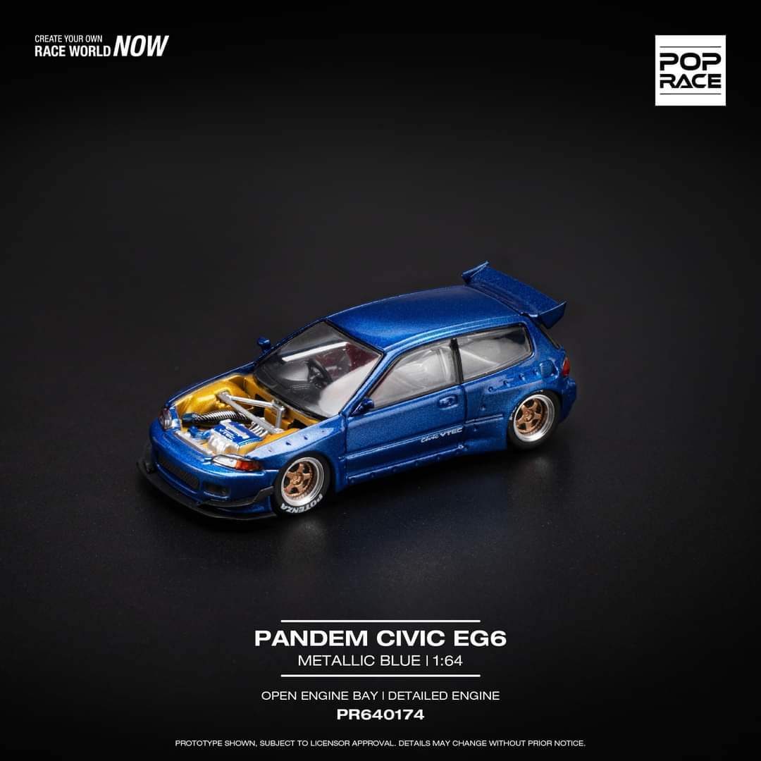 Pop Race 1/64 HONDA PANDEM CIVIC EG6 v1.5 METALLIC BLUE WITH OPEN HOOD - Image 2