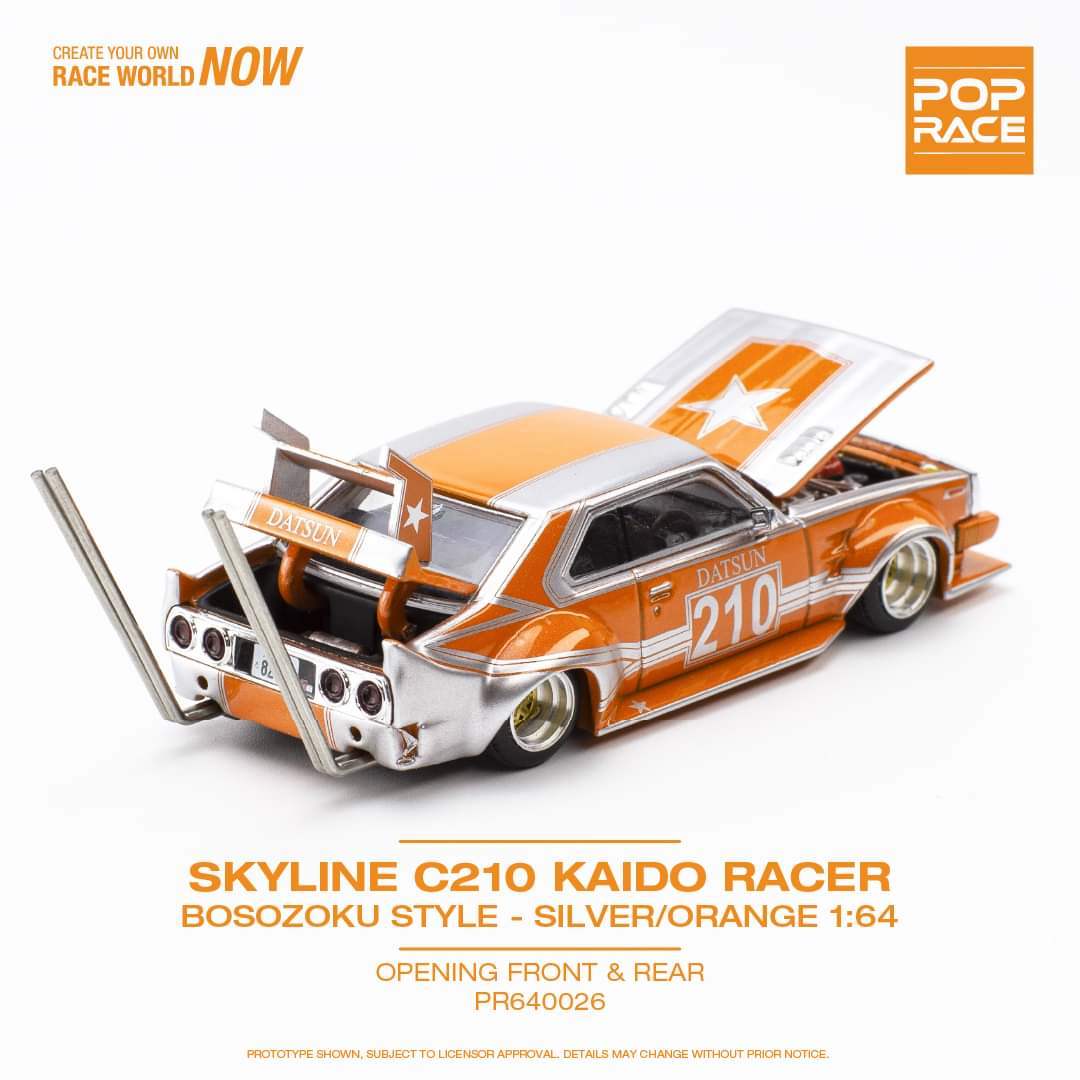 Pop Race 1/64 Nissan Skyline (C210) Kaido Racer Bosozuko Style Silver/Orange - Image 2