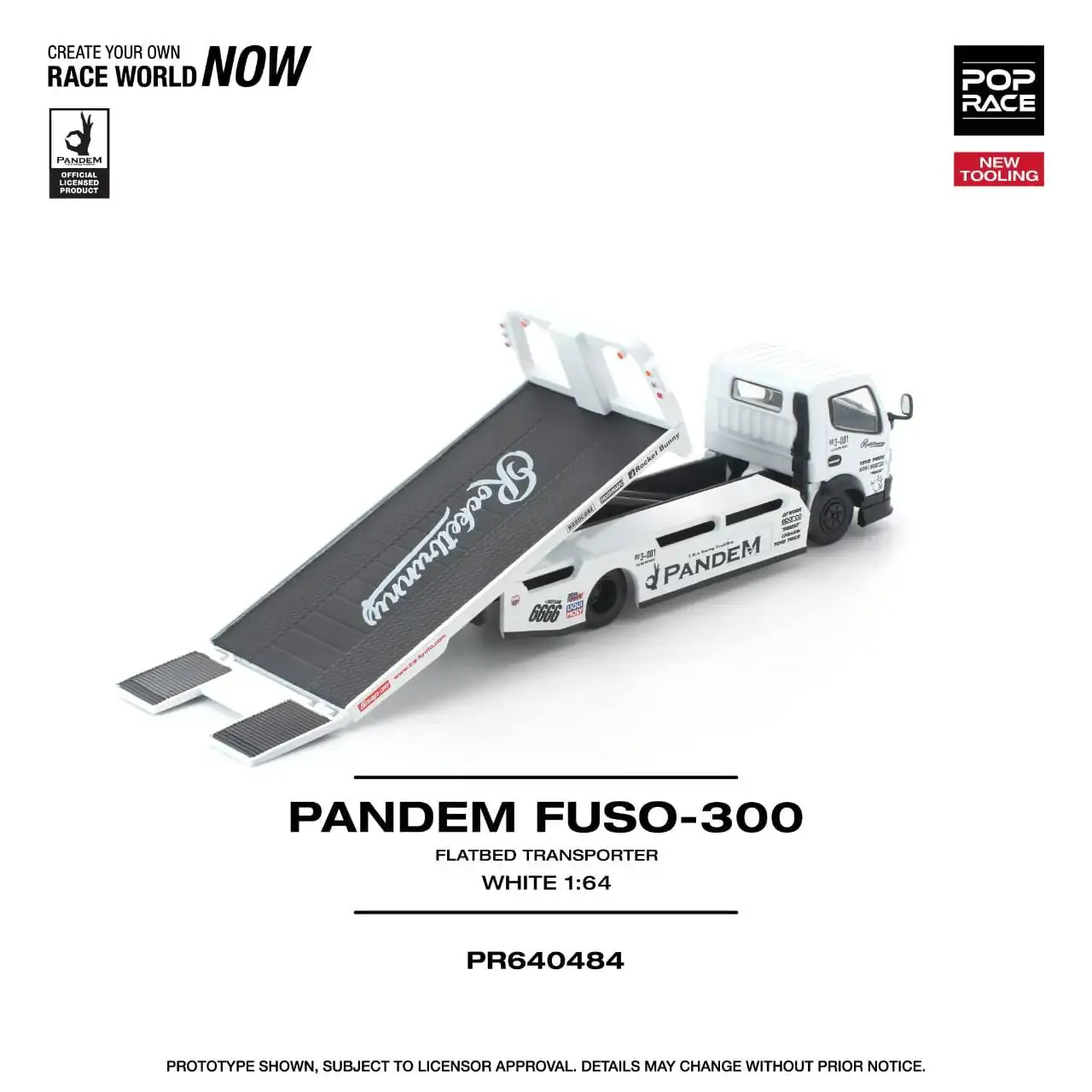Pop Race 1:64 Scale Pandem FUSO 300 Flatbed Transporter White - Image 2