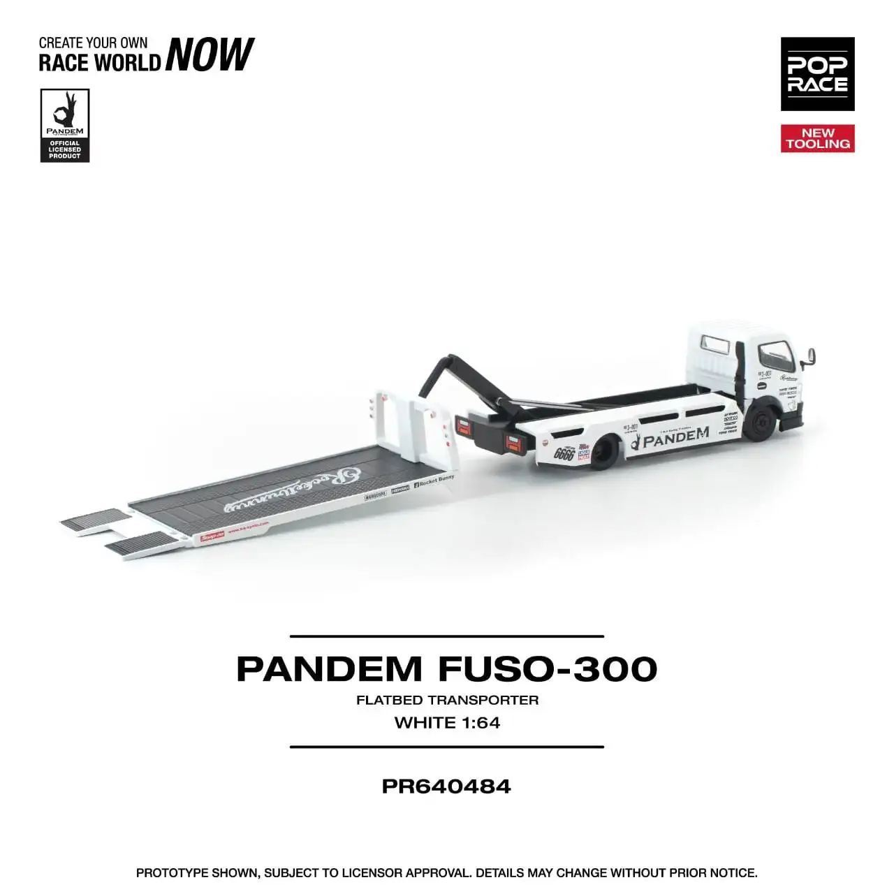 Pop Race 1:64 Scale Pandem FUSO 300 Flatbed Transporter White - Image 3