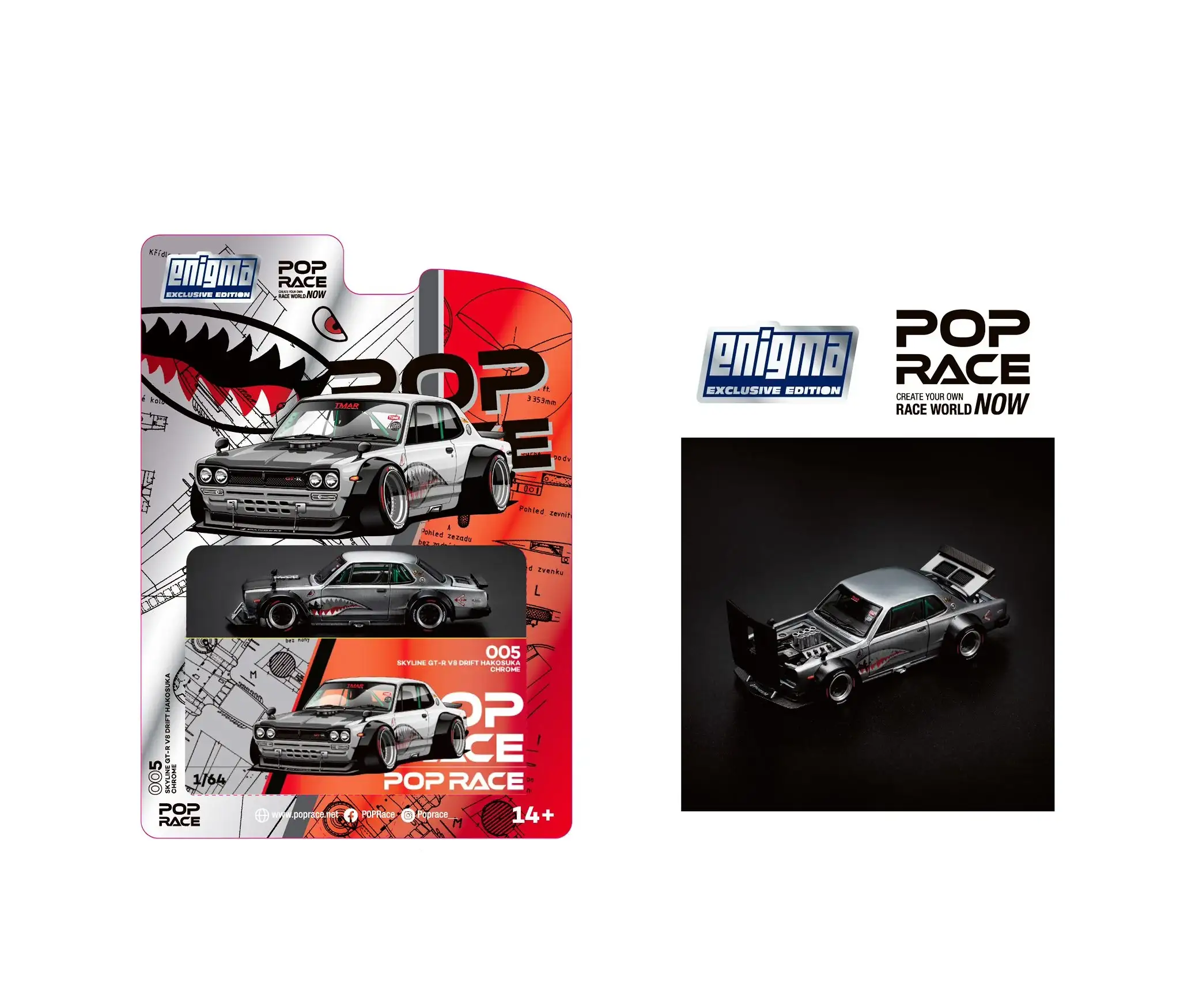 POP RACE x Enigma 1/64 Skyline GT-R V8 Drift (Hakosuka) Metallic Silver - Image 2