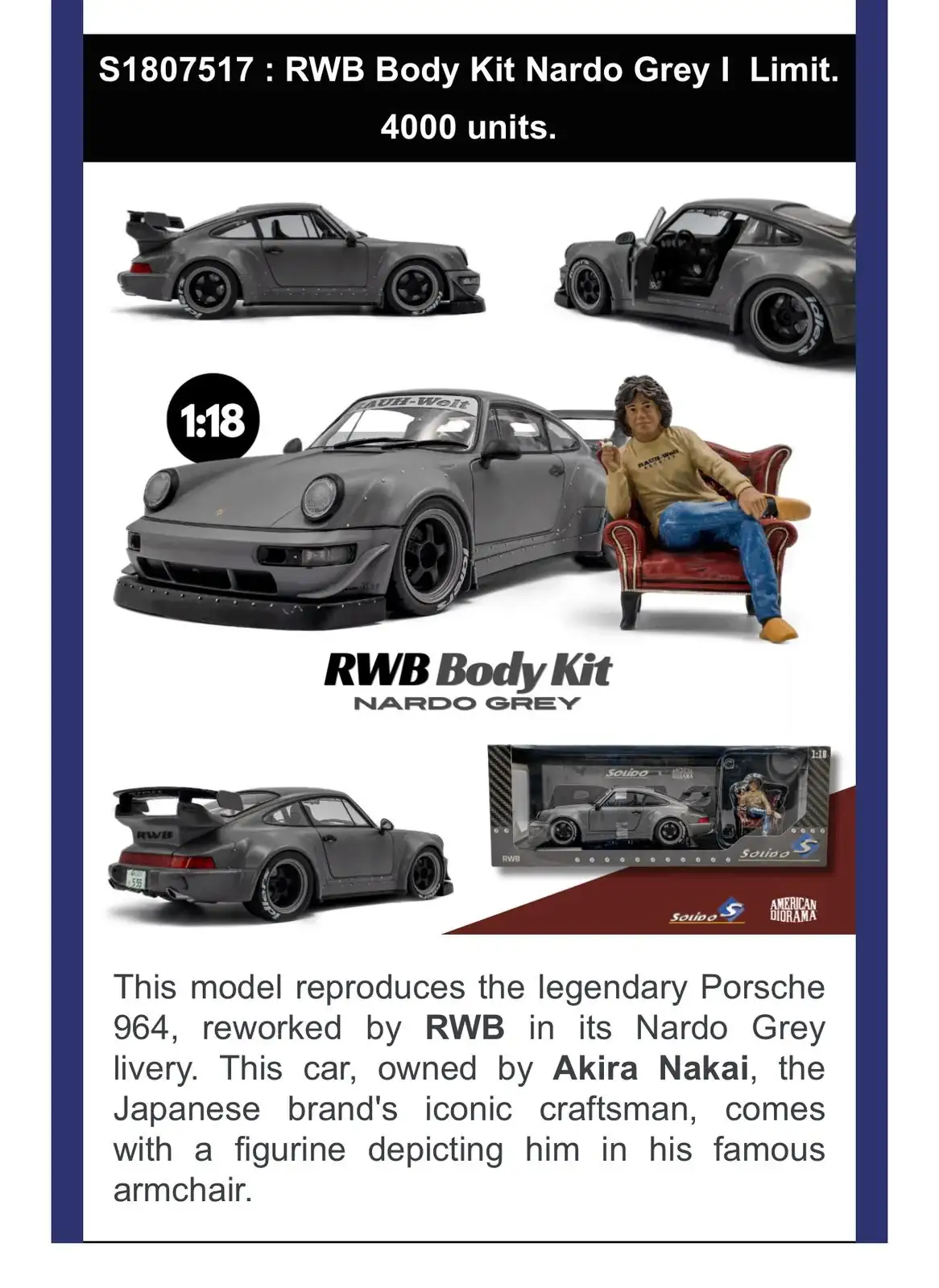 [shipping included] Solido x American Diorama 1/18 RWB Nardo Grey+ figure set