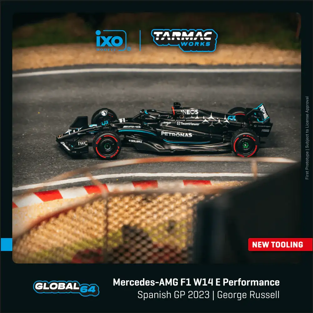 Tarmac Works 1:64 Scale Mercedes-AMG F1 W14 E Performance Spanish Grand Prix 2023 George Russell