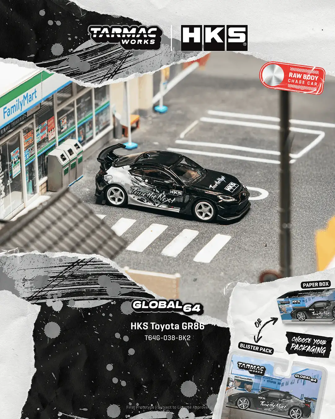 Tarmac Works 1:64 Scale Paper Box HKS Toyota GR86 Black