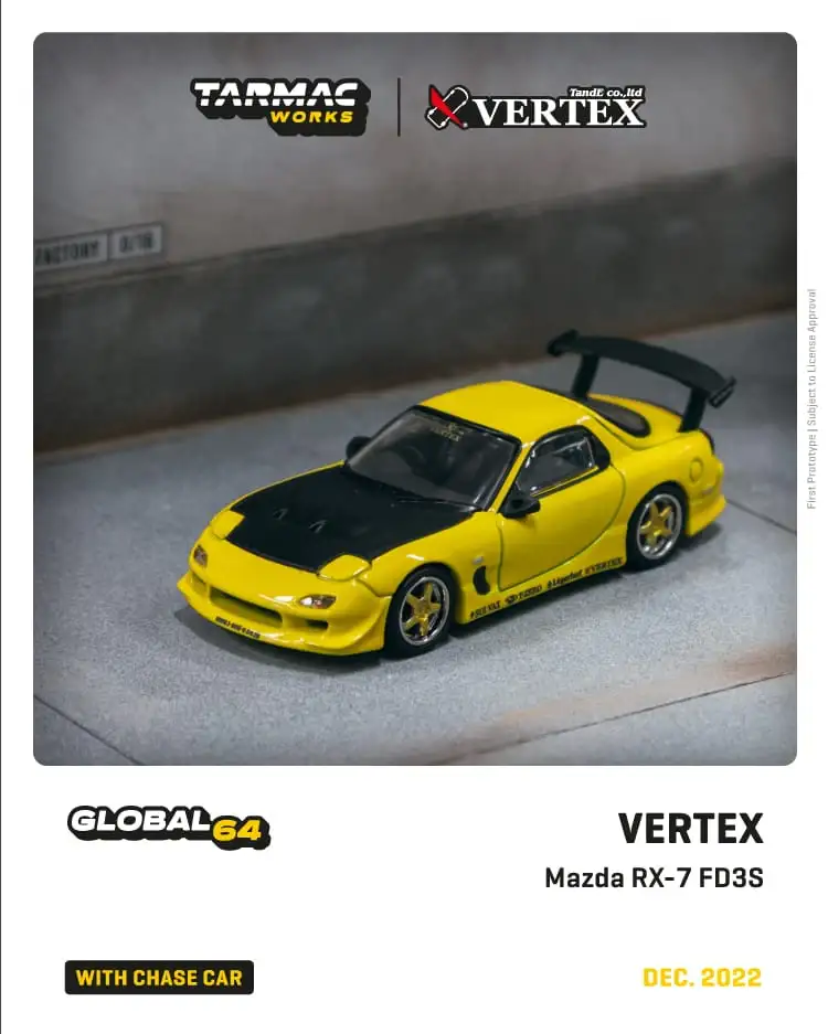 Tarmac Works 1:64 Scale VERTEX Mazda RX-7 FD3S Yellow Metallic