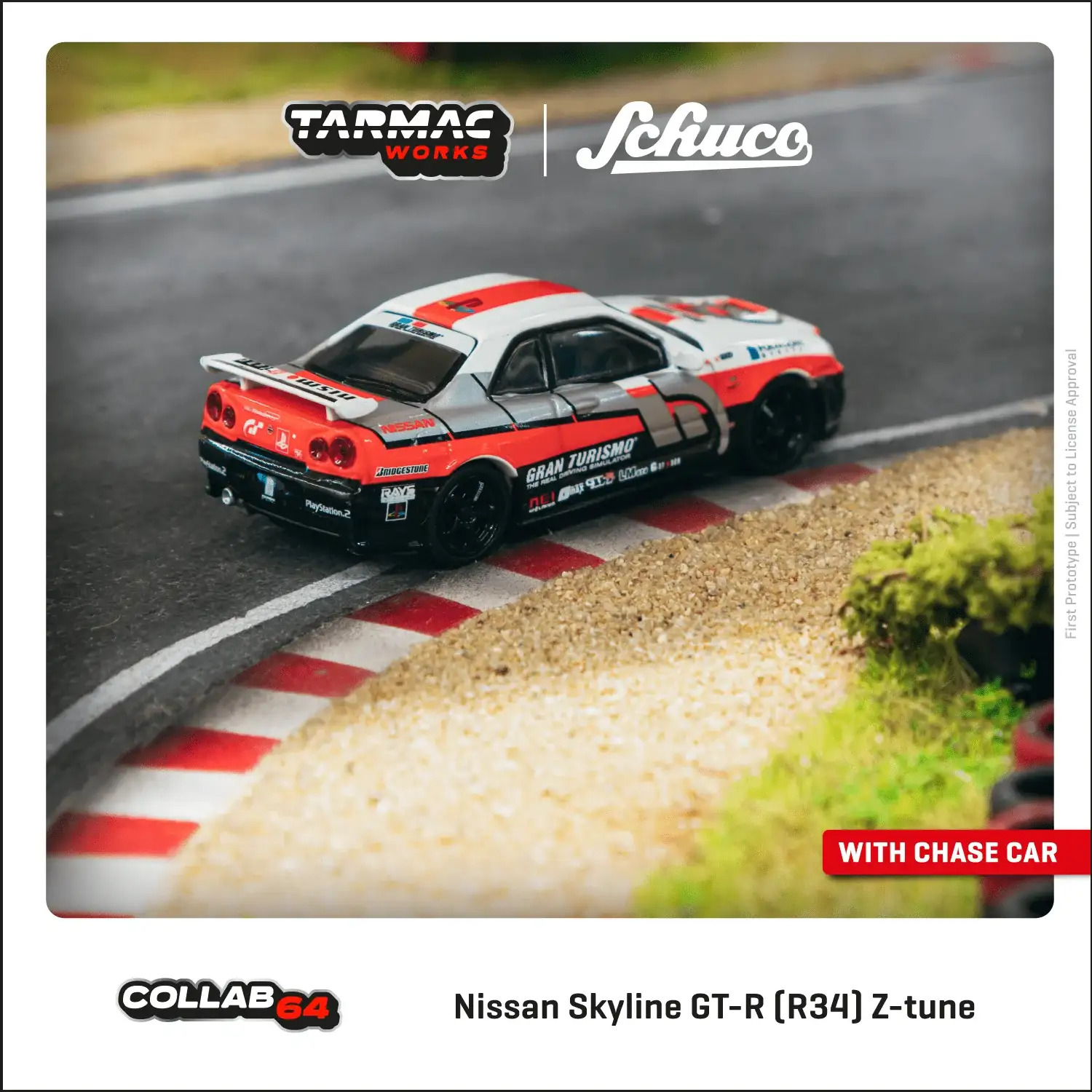 Tarmac Works x Schuco 1:64 Scale Nissan Skyline GT-R (R34) White/Red/Black