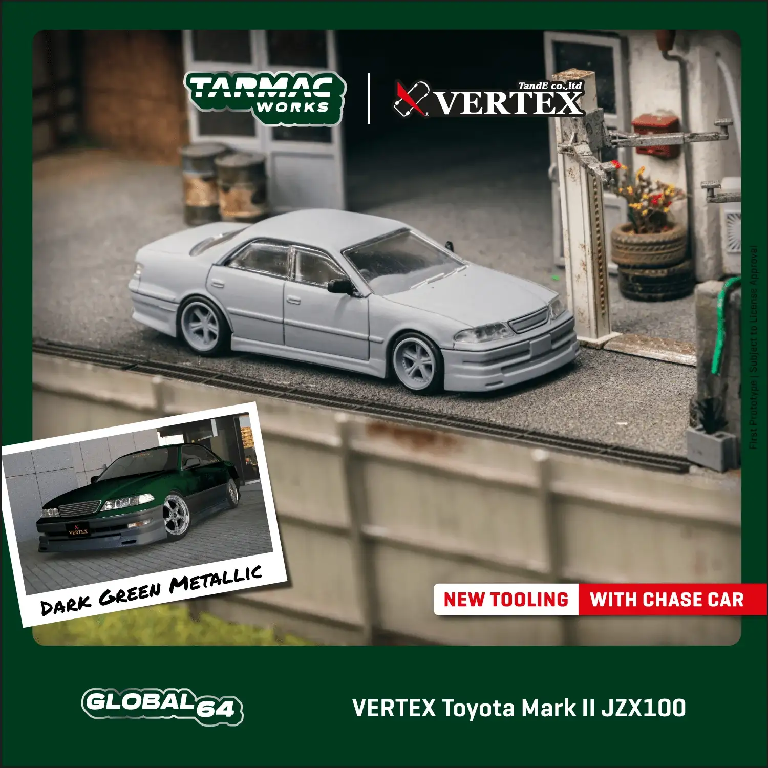 Tarmac Works x VERTEX Toyota Mark II JZX100 Dark Green Metallic - Image 2