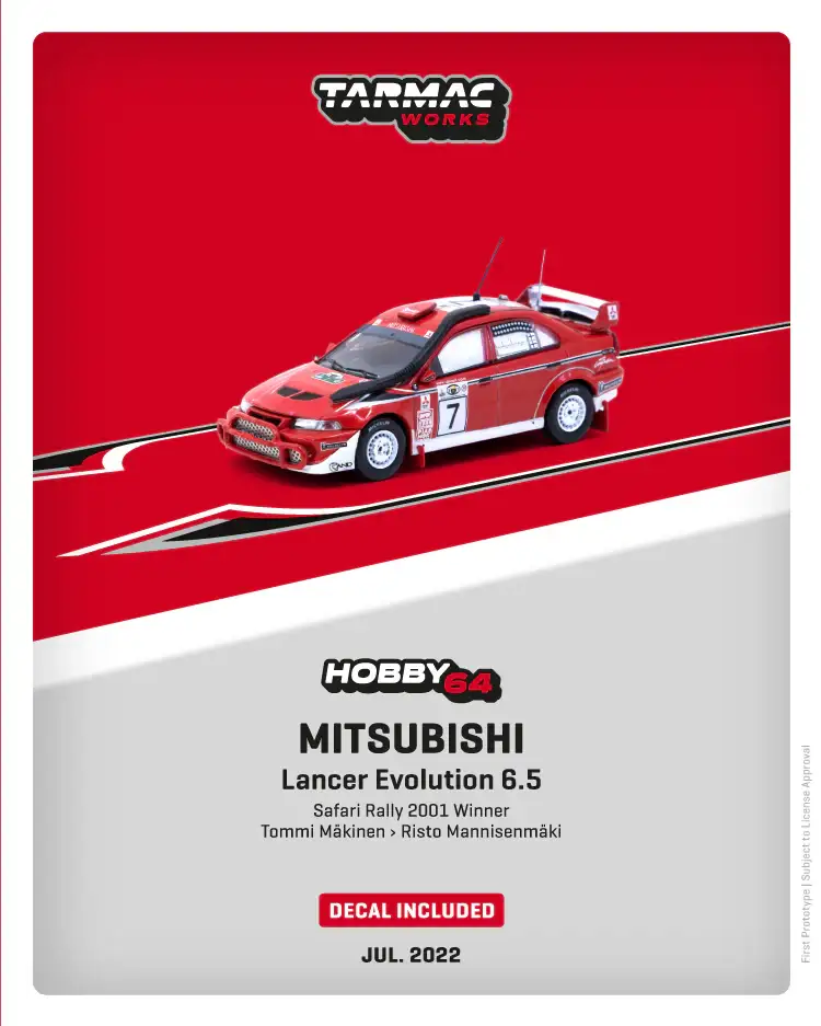 Tarmac Works Mitsubishi Lancer Evolution 6.5 Safari Rally 2001 Winner Tommi Mäkinen / Risto MannisenmäkiDecal included