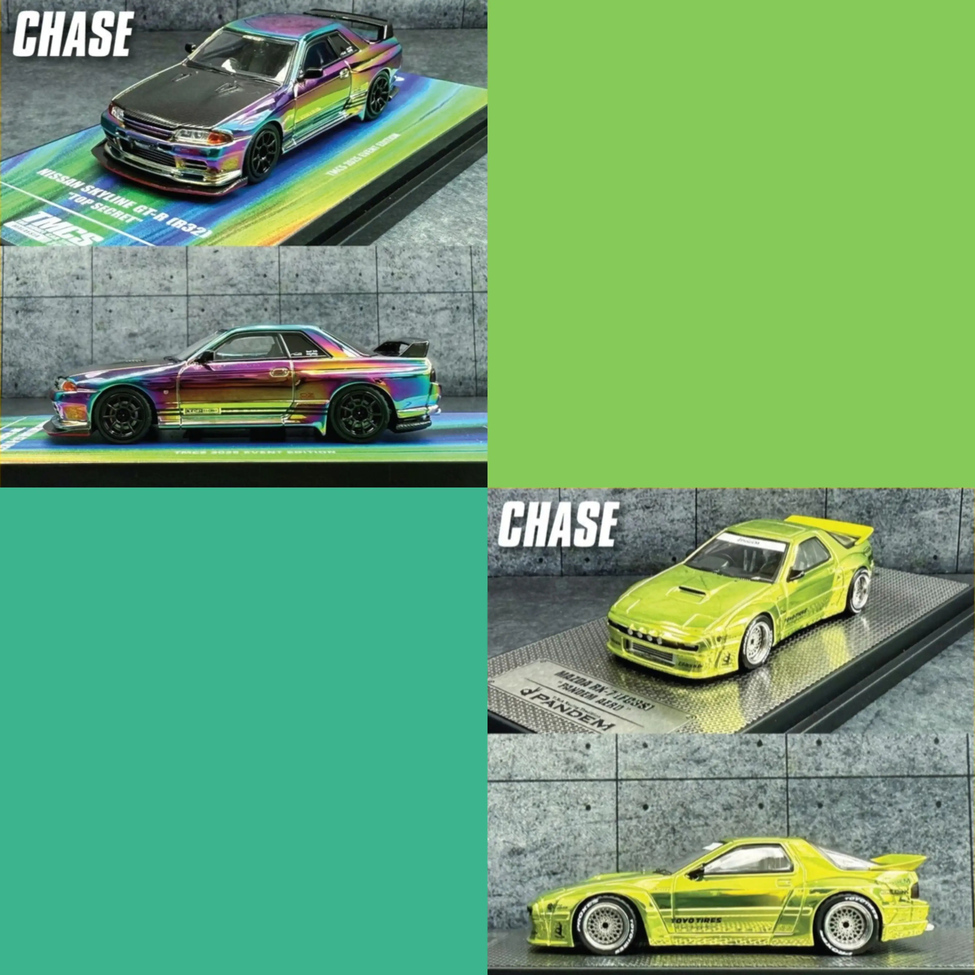 TMCS25 X Inno64 Nissan Skyline R32 Top Secret Chrome Gold & Mazda RX-7 FC3S “Pandem” Frozen Green Set - Image 6