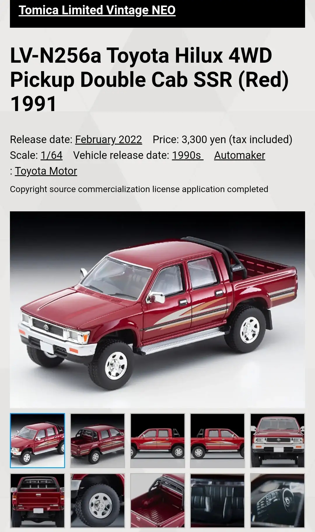 Tomica Limited Vintage Neo
LV-N256a Toyota Hilux 4WD Pickup Double Cab SSR (Red) 1991