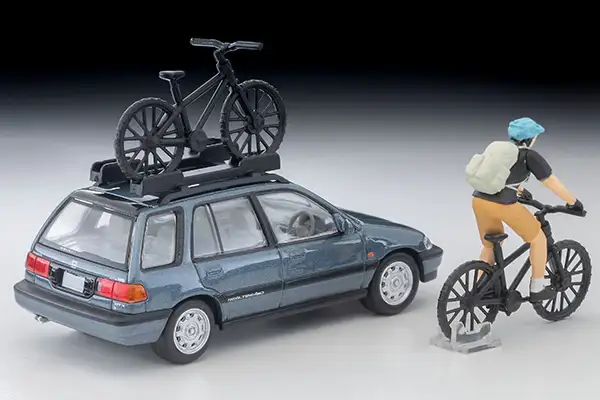 Tomica Limited Vintage Neo LV-N297c Honda Civic Shuttle RT X (Blue) 1990 with Figure and Mountain Bike - Image 2