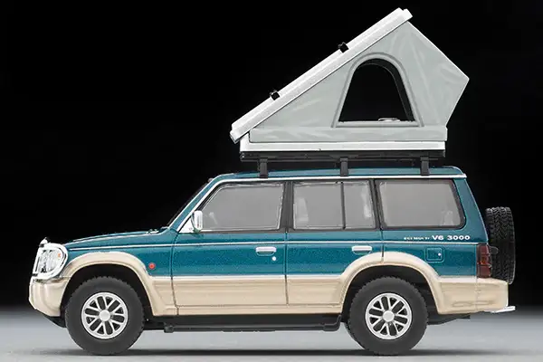 Tomytec Limited Vintage Neo LV-N206c Mitsubishi Pajero Mid Roof Wide VR with optional parts (green/beige) 1991 model with tent and figure - Image 3