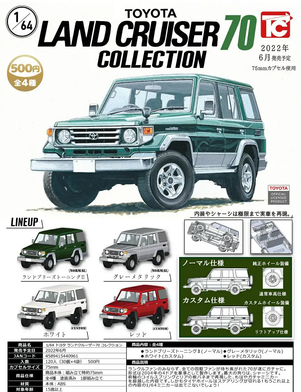 Toys Cabin Gashapon capsule Toys 1:64 Scale Toyota LANDCRUISER 70 Set of 4